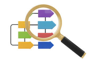 A magnifying glass inspecting a colorful flowchart with interconnected process steps and directional arrows, symbolizing analysis and detailed examination. background removed
