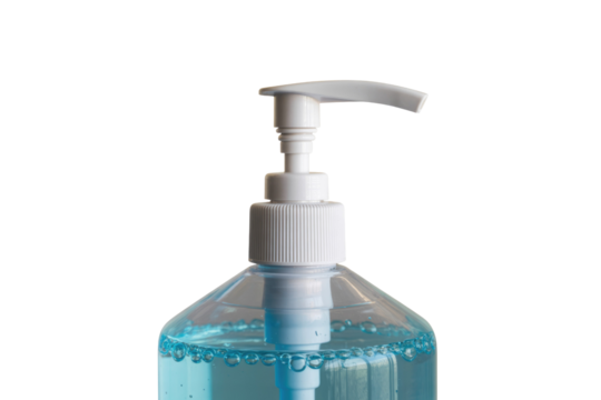 Close-up of a clear bottle with blue liquid and white pump dispenser, likely hand sanitizer or liquid soap, against a transparent background. background removed