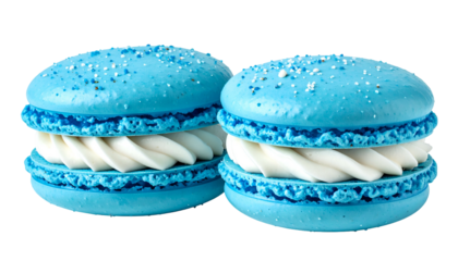 Two pastel blue sandwich cookies with white cream filling and sugar sprinkles