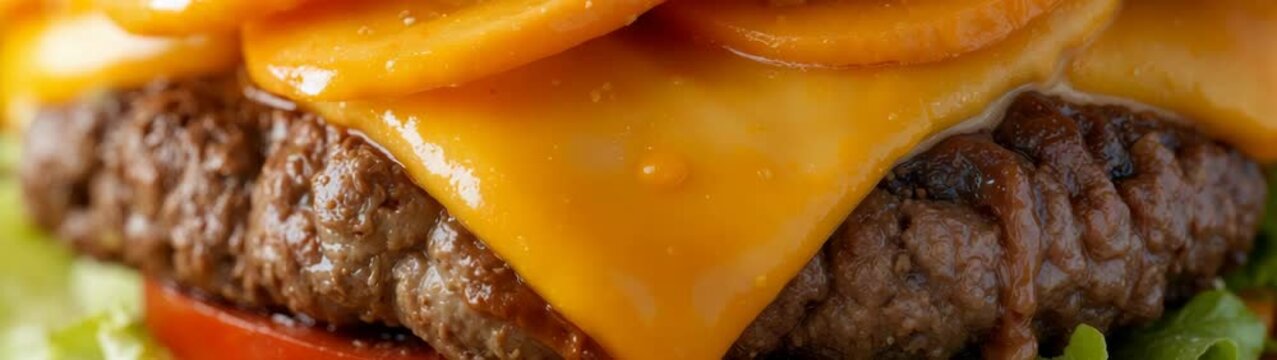 A juicy hamburger with beef patty has melted cheese dripping over it, placed on lettuce and tomato.