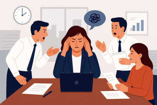A stressed office worker is surrounded by colleagues in a meeting room. They appear flustered while others are discussing intensely.AI generated.