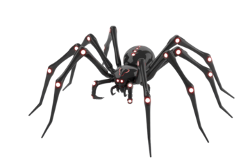 A futuristic black spider with glowing red eyes and leg joints, featuring a sleek, stylized design on a solid dark transparent background. background removed