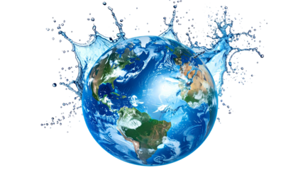 A vibrant Earth globe encircled by and bursting through a dynamic splash of crystal clear water
