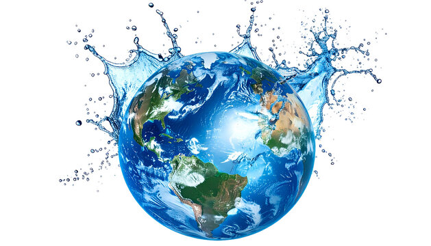 A vibrant Earth globe encircled by and bursting through a dynamic splash of crystal clear water