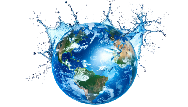 A vibrant Earth globe encircled by and bursting through a dynamic splash of crystal clear water