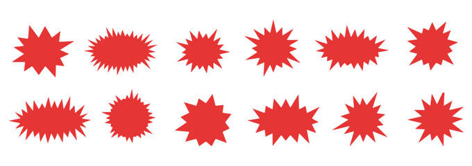 Bursting shape speech bubbles set. Starburst and sunburst cartoon shapes. Splash star icon set in flat style. Set of explosion background for a surprising and shocking moment with sample texts.