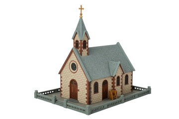 Fototapeta premium A detailed miniature model of a quaint church with a steeple, cross, stone walls, gray roof, and low fence. background removed