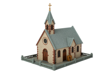 A detailed miniature model of a quaint church with a steeple, cross, stone walls, gray roof, and low fence. background removed