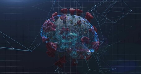 Floating spherical virus-like particle drifting over dark grid plane, with red spikes, blue mesh