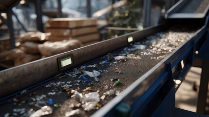 Smart recycling conveyor belt with machine learning cameras identifying and categorizing various plastic types, emotion of curiosity and progress visible, symbolizing intelligent sorting systems,