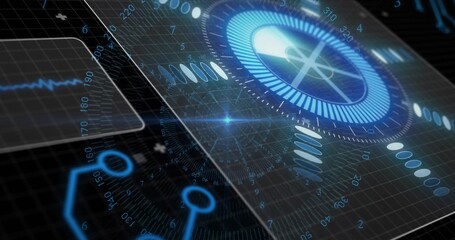 Fototapeta premium Projecting circular gauge indicating data on HUD with floating nodes and waveform panel, copy space