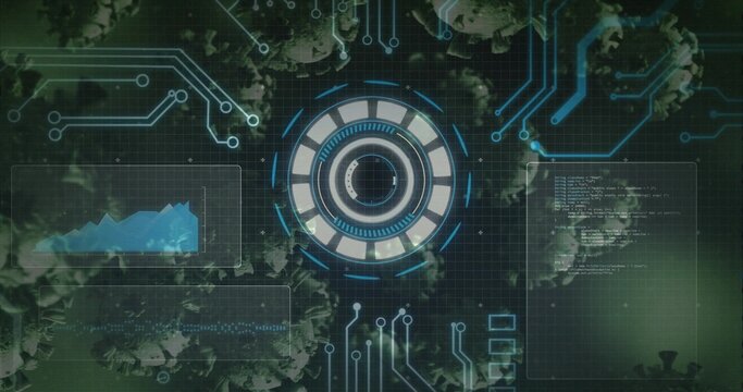 Displaying central HUD interface in digital dashboard, with virus models, circuit lines and panels