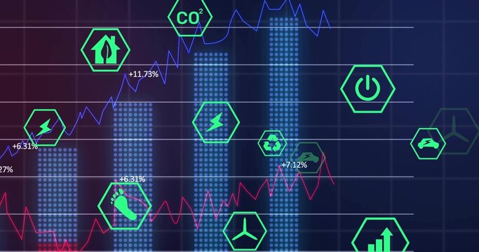 Displaying dashboard showing blue bars and red trends on digital display, with green hex icons - Powered by Adobe