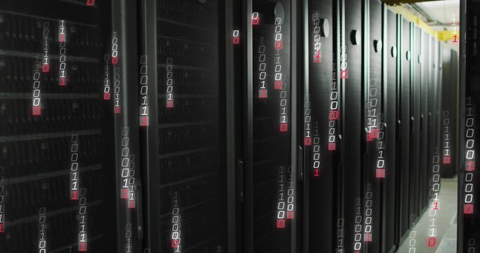 Showing server cabinets running inside data center, with blinking LEDs, cable trays and binary code
