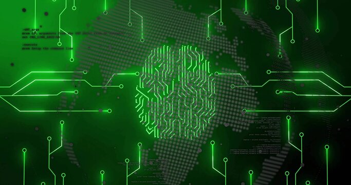 Floating neon green circuit fingerprint sending traces into nodes on digital map, with code text