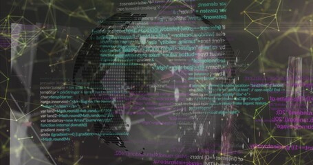 Displaying stylized world map floating in dark space with glowing network nodes and code overlays