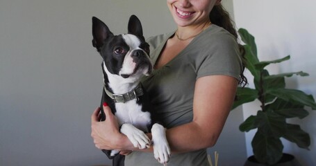 Smiling casually dressed woman holding Boston terrier dog at home, with fiddle leaf fig plant
