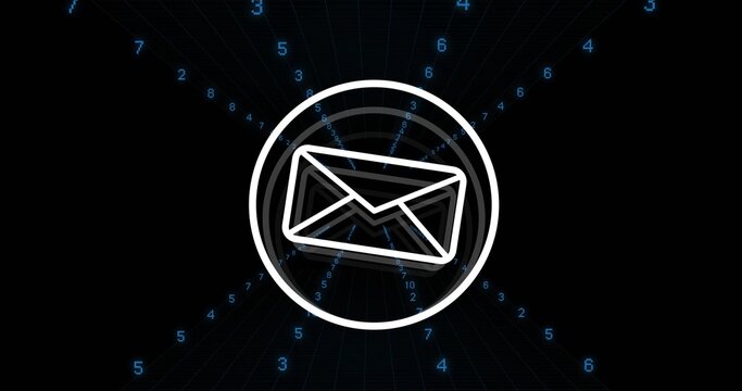 Floating white envelope icon within white circular border on dark grid with blue digits streaming