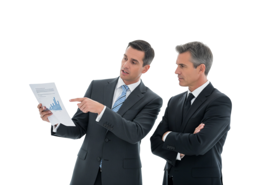 Two Business Professionals Discussing Bar Chart in Meeting - Powered by Adobe