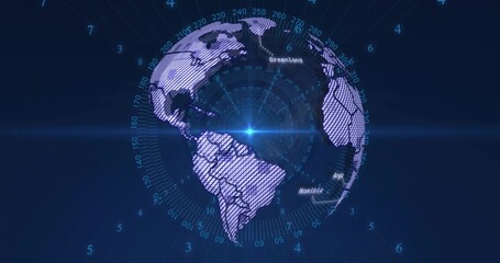 Fototapeta premium Showing holographic Earth globe in dark blue digital interface, with rings and region labels