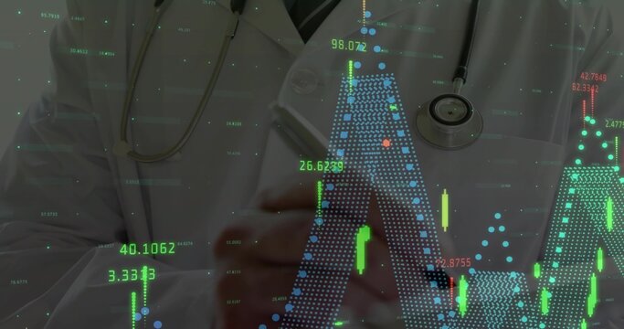 Displaying mature male doctor analyzing financial candlestick overlays in clinic, with stethoscope