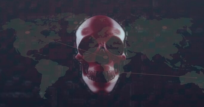 Floating red glowing digital skull over dark world map overlay, showing circular network nodes - Powered by Adobe