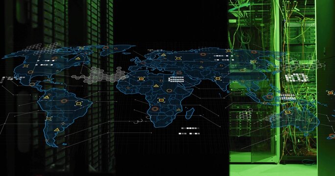 Displaying digital world map overlaying data center racks, showing network cables and node icons