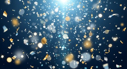 Abstract celebration background with falling confetti and bokeh lights in blue tones