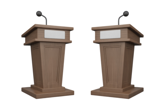 Two 3D wooden lecterns, each with a microphone and a white panel, ideal for debates, speeches, and public presentations. background removed
