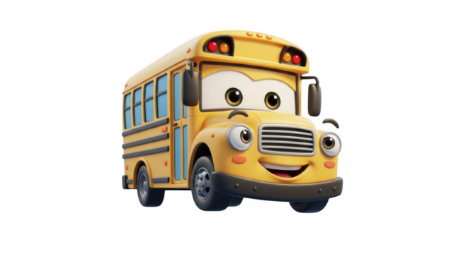 Smiling yellow school bus character with big eyes and grille teeth for fun transportation themes