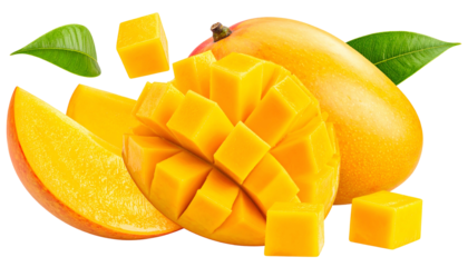 Close-up image of sliced and whole tropical fruit with leaves, showing vibrant yellow flesh