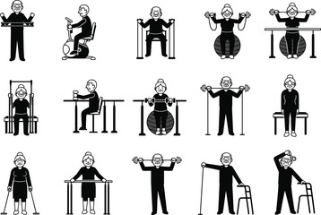 Elderly Exercising with Adaptive Fitness Equipment ,Vector Health & Wellness Illustration