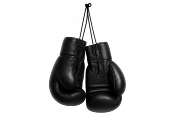 Black boxing gloves hanging, symbolizing retirement from fight, sport and competition on transparent background