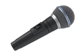 A professional black microphone with a silver grille and a distinct blue accent stripe, featuring an on/off switch, on a transparent background. background removed