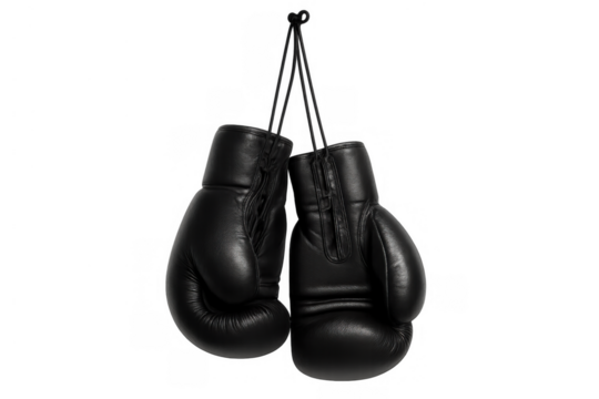 Black boxing gloves hanging, symbolizing retirement from fight, sport and competition on transparent background