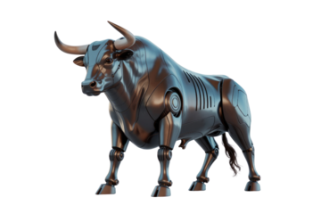 A sleek, metallic robotic bull stands, blending animal power with futuristic mechanical design. This powerful cyborg creature symbolizes strength and innovation. background removed