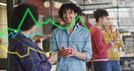 Discussing results over coffee by lanyard-wearing colleagues in office, with line graph overlay
