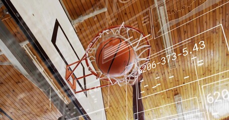 Flying basketball passing through metal hoop and net in gym with wooden ceiling, schematic overlays