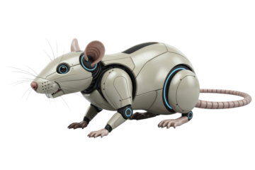 A sophisticated robotic rat, light-colored metallic body with glowing blue accents, realistic pink paws and tail. Blends nature with technology. background removed