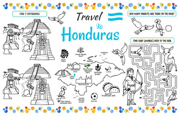 A fun placemat for kids. Printable Travel to Honduras activity sheet with a labyrinth and find the differences. 17x11 inch printable vector file