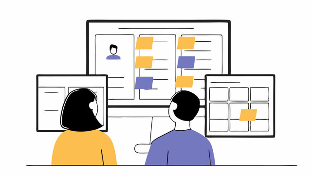 Group Planning Session A team of volunteers gathering in a virtual workspace on a collaborative app brainstorming ideas and strategies for an upcoming community event with sticky