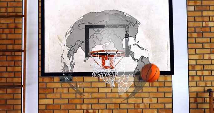 Fototapeta Showcasing basketball hoop with backboard and net on gym wall with bars, orange basketball flying