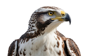 Obraz premium Close-up of a majestic raptor, possibly a hawk or eagle, with piercing yellow eyes, a hooked beak, and patterned white and brown feathers. background removed