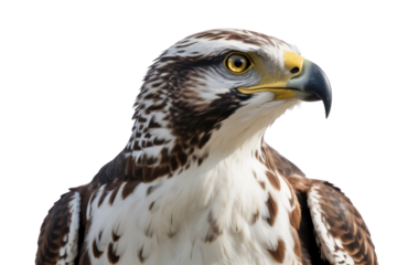 Close-up of a majestic raptor, possibly a hawk or eagle, with piercing yellow eyes, a hooked beak, and patterned white and brown feathers. background removed