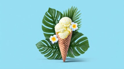 Ice cream cone with tropical leaves against light blue background