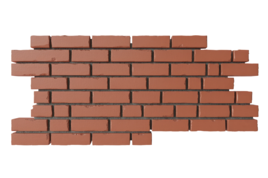 A segmented, reddish-brown brick wall with gray mortar against a solid transparent background, featuring realistic texture and irregular edges. background removed