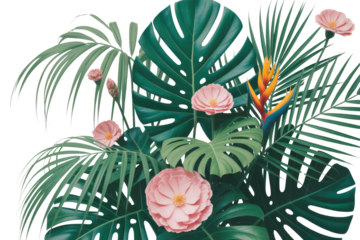 A vibrant tropical arrangement showcasing lush green monstera and palm leaves, delicate pink flowers, and an exotic orange and blue Bird of Paradise bloom. background removed