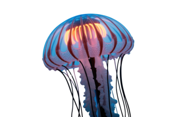 A stunning jellyfish with a vibrant, glowing orange core and translucent blue bell, showcasing delicate tentacles against a solid transparent background. background removed