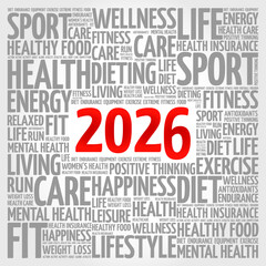 2026 text in bold numbers at the center surrounded by a word cloud of health, fitness, and lifestyle terms. Concept design symbolizing wellness goals, diet plans, and positive living trends