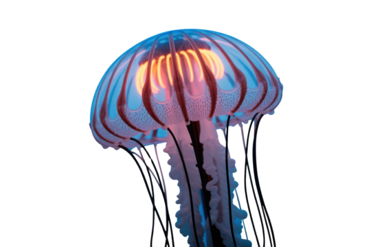 A stunning jellyfish with a vibrant, glowing orange core and translucent blue bell, showcasing delicate tentacles against a solid transparent background. background removed